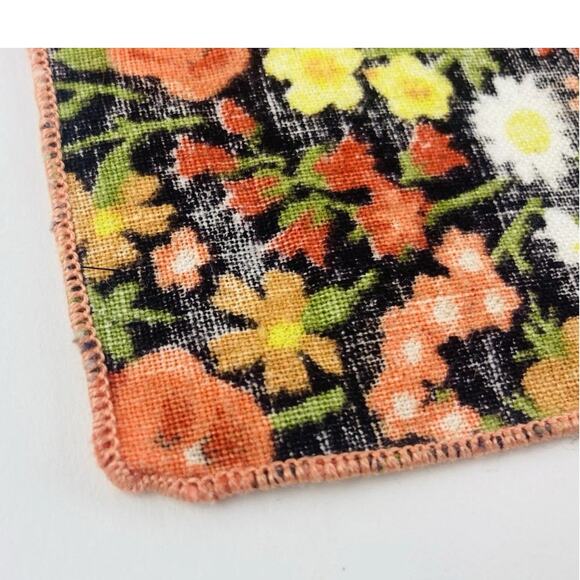 Vintage Napkins Hankies Set of 2 Printed Flower Power Orange Black Yellow 1960s - Picture 7 of 8